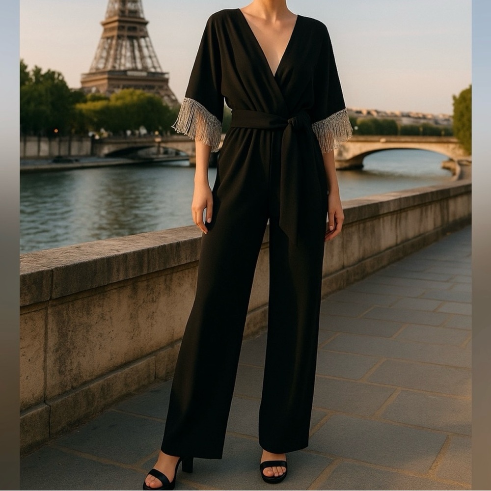 Laundry By Shelli Segal Black Jumpsuit with Silver Fringe